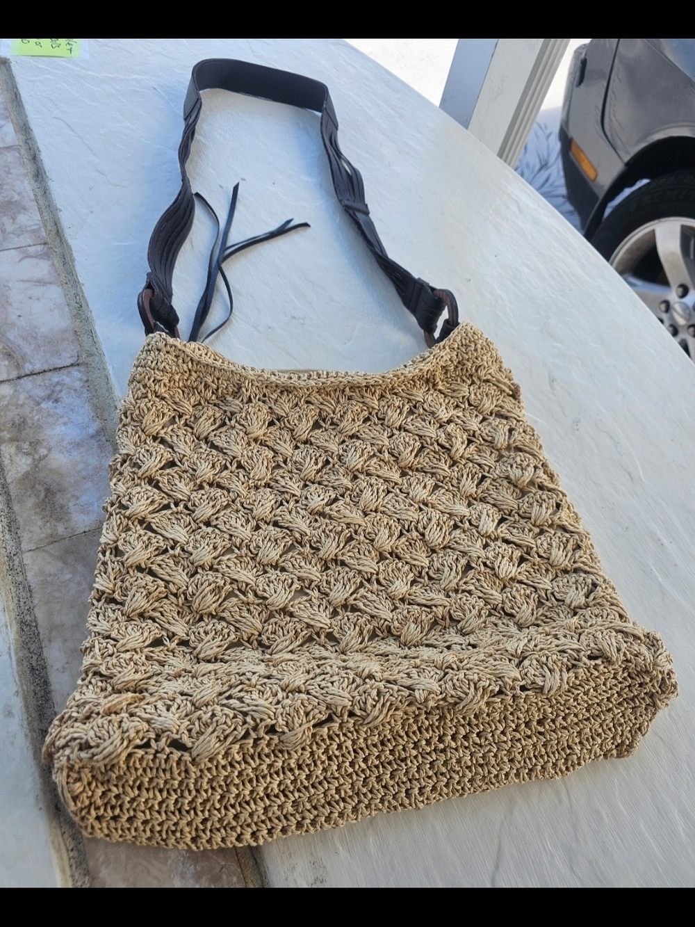 Woven Straw Shoulder Bag with Dark Brown Strap